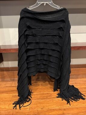 Black Fringe Knit Sweater Poncho - Women's Sweater